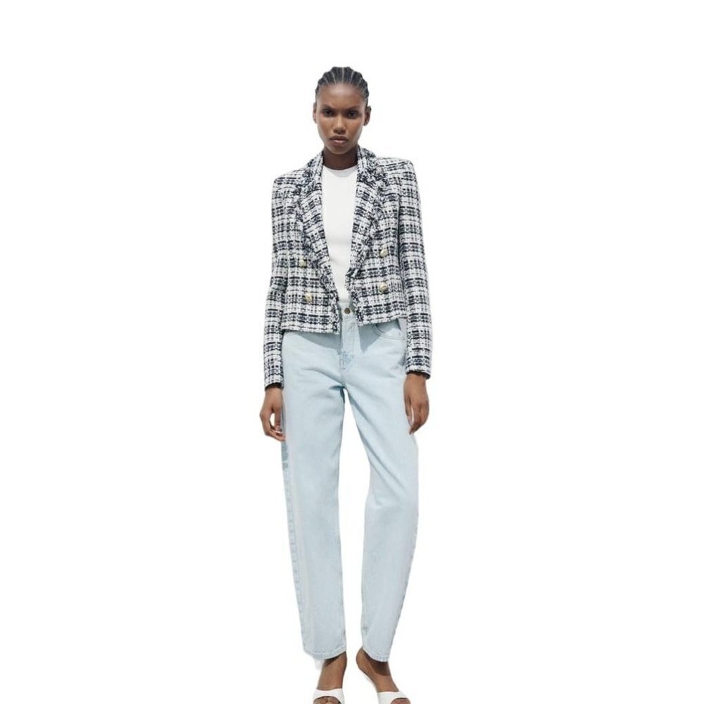 ZARA TEXTURED DOUBLE BREASTED BLAZER BLACK/WHITE SIZE M 2460/103